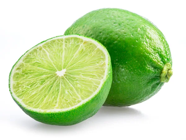 Limettenfrucht Und Limettenscheibe Isoliert Auf Weißem Hintergrund — Stockfoto