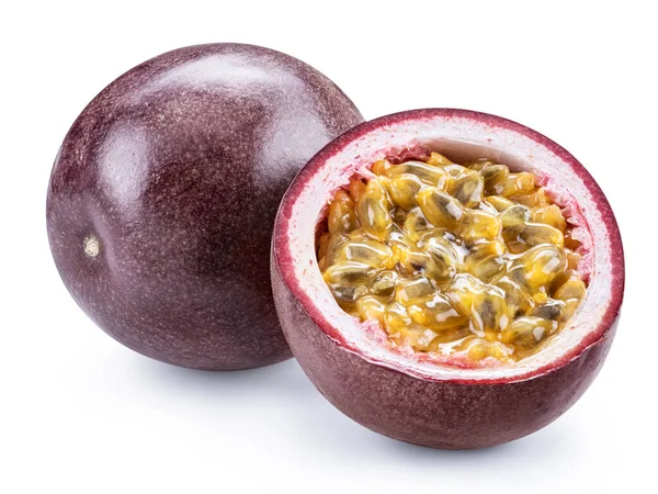 Dark purple passiflora or passion fruit and it's half on white background. File contains clipping path.