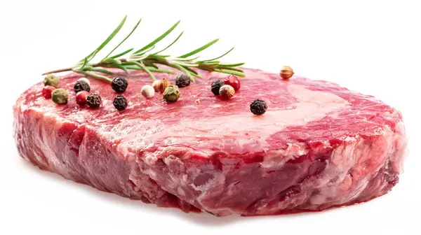 Raw Ribeye Steak Peppercorn Rosemary Isolated White Background Closeup — 图库照片