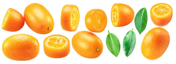 Set Kumquat Fruits Kumquat Slices Isolated White Background — Stock Photo, Image