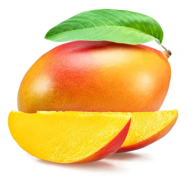 Frutto Mango Con Foglie Verdi Fette Mango Isolate Fondo Bianco — Foto Stock