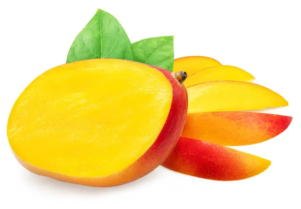 Corte Transversal Fruta Mango Hojas Mango Rodajas Mango Aisladas Sobre —  Fotos de Stock