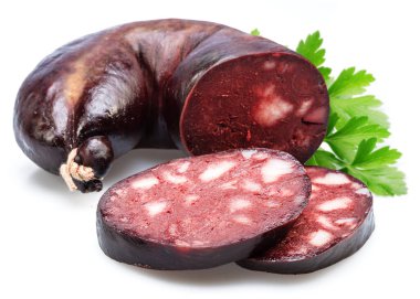 Blood sausage with suet pieces and parsley leaf isolated on white background. clipart