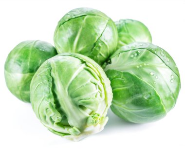 Miniature cabbages of brussels sprout isolated on white background.