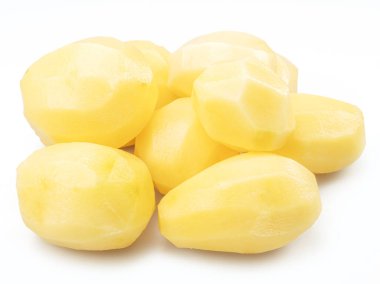 Raw peeled potatoes isolated on white background.