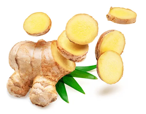 Fresh Ginger Root Ginger Slices Leaves Isolated White Background — Stock Photo, Image