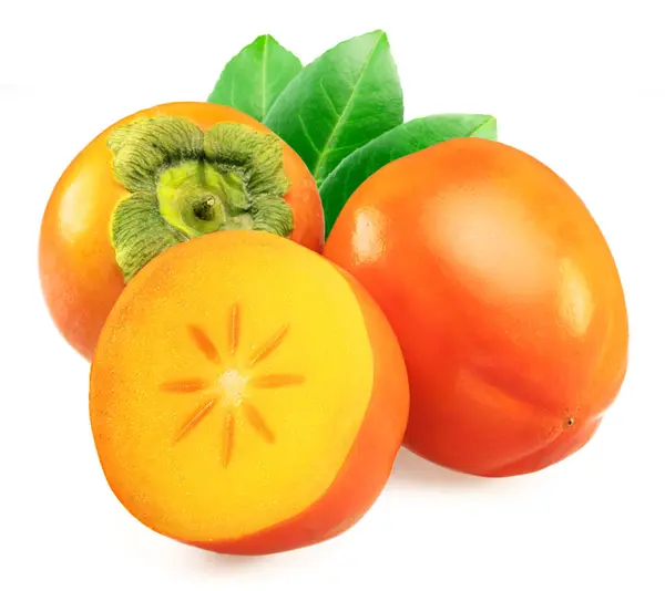 Zralé Persimmon Ovoce Nebo Kaki Ovoce Listy Izolované Bílém Pozadí — Stock fotografie