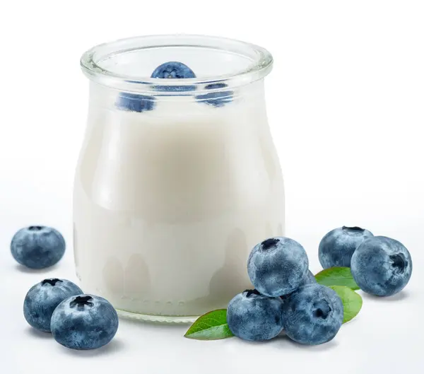 Jar Homemade Organic Yoghurt Fresh Blueberries Isolated White Background — Stock Photo, Image