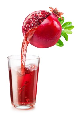 Glass of pomegranate juice and pouring juice from ripe red pomegranate isolated on white background. Conceptual picture. clipart