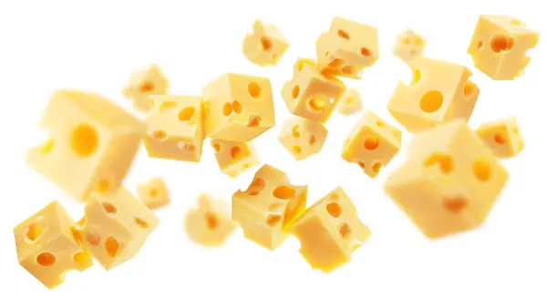 Emmental Maasdam Cheese Cubes Flying Air White Background Conceptual Picture — Stock Photo, Image