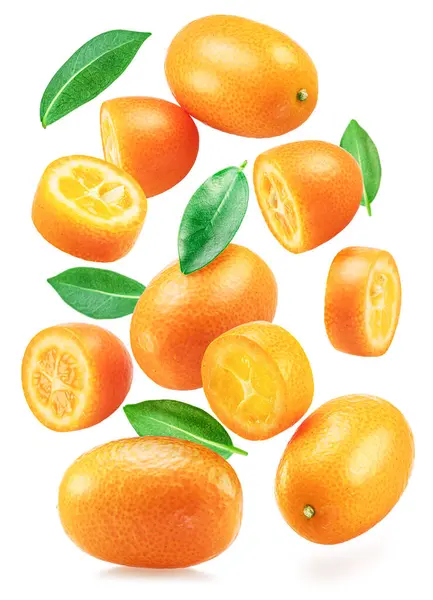 Falling Kumquat Fruits Kumquat Slices Isolated White Background — Stock Photo, Image
