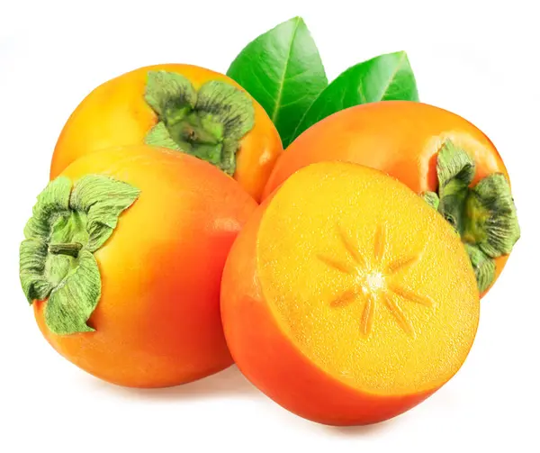 Ripe Persimmon Vruchten Kaki Vruchten Met Bladeren Geïsoleerd Witte Achtergrond — Stockfoto
