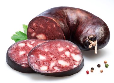 Blood sausage with suet pieces and parsley leaf isolated on white background. clipart