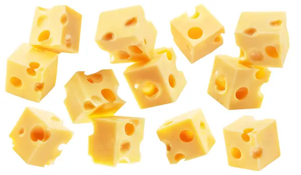 Collection Emmental Maasdam Cheese Cubes Flying Air White Background Clipping — Stock Photo, Image
