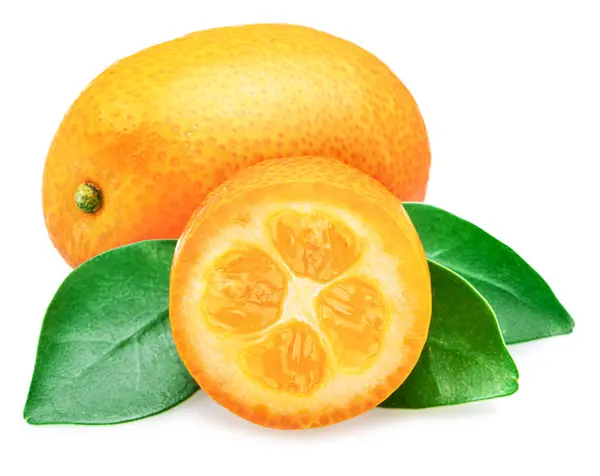 Ripe Kumquat Fruit Kumquat Slice Leaves Isolated White Background — Stock Photo, Image