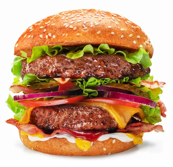 Smaczny Podwójny Cheeseburger Wyizolowany Białym Tle Plik Zawiera Ścieżkę Wycinania — Zdjęcie stockowe