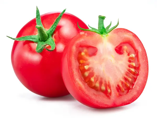 Kırmızı Campari domates ve domates dilimi beyaz arka planda izole edilmiş..