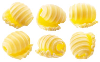 Tereyağı girdabı koleksiyonu ya da beyaz arka planda tereyağı kıvrımları. Dosya kırpma yolları içeriyor.