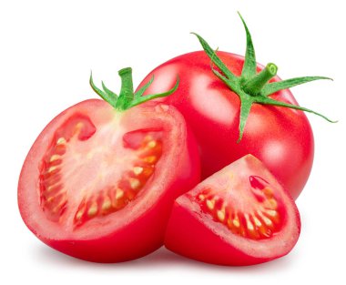 Beyaz arka planda izole edilmiş kırmızı campari domates ve domates dilimleri. Dosya kırpma yolu içeriyor.