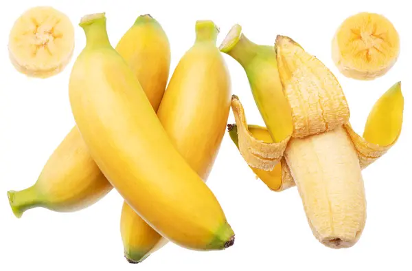 stock image Set of baby bananas and banana slices on white background. File contains clipping paths.