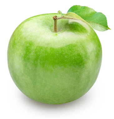 Beyaz arka planda yaprağı olan olgun, yeşil bir elma. Dosya kırpma yolu içeriyor.