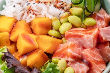 Sebze ve sebzeli somon pirinç kasesi. Kasedeki denge. Üst görünüm.