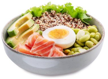 Yeşil sebzeli somon kinoa kasesi. Kasedeki denge. Dosya kırpma yolu içeriyor.