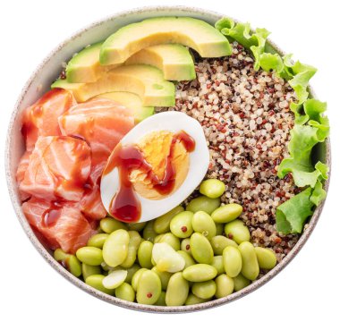 Yeşil sebzeli somon kinoa kasesi. Kasedeki denge. Dosya kırpma yolu içeriyor.