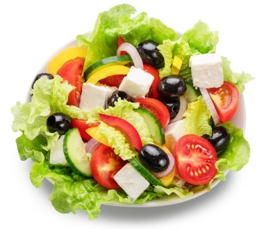 Greek salad  close up on white abcground. File contains clipping path. Flat lay or top view. clipart