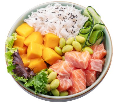 Sebze ve sebzeli somon pirinç kasesi. Kasedeki denge. Dosya kırpma yolu içeriyor.