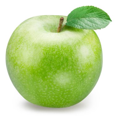 Beyaz arka planda yaprağı olan olgun, yeşil bir elma. Dosya kırpma yolu içeriyor.