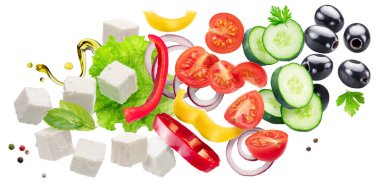 Greek salad ingredients levitating in air. Horizontal file contains clipping paths. clipart