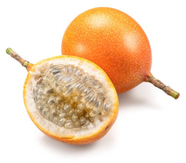 Granadilla and open granadilla with black seeds and gelatinous pulp isolated on white background. clipart