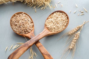 Oats and wheat flakes in wooden spoons on gray background. Healthy concept. clipart