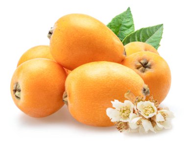 Beyaz arka planda yeşil yapraklı olgun loquat meyveleri.