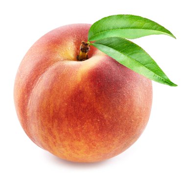 Beyaz arka planda yapraklı olgun şeftali. Dosya kırpma yolu içeriyor.