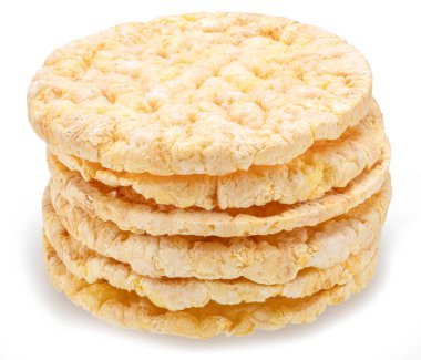 Beyaz üzerine izole edilmiş mısır keki ya da pirinç keki. Ekmek ürünleri için alternatif aperatif