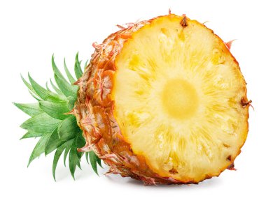 Beyaz arka planda izole edilmiş olgun ananas kesiti. Dosya kırpma yolu içeriyor.