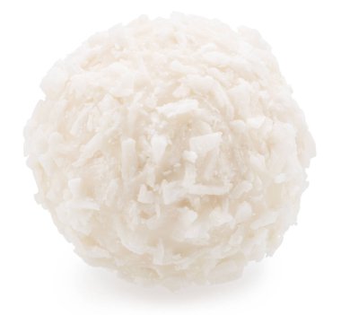 Beyaz arka planda beyaz hindistan ceviziyle kaplı yuvarlak beyaz çikolata şekeri. Dosya kırpma yolu içeriyor.