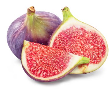 Beyaz arka planda incir ve incir parçaları var. Dosya kırpma yolu içeriyor.