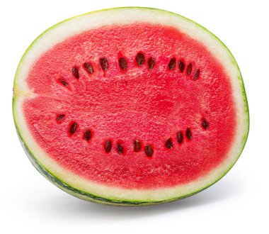Karpuz ve karpuz dilimleri beyaz arka planda izole edilmiş. Dosya kırpma yolu içeriyor.