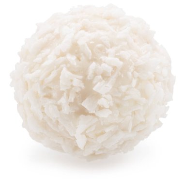 Beyaz arka planda beyaz hindistan ceviziyle kaplı yuvarlak beyaz çikolata şekeri. Dosya kırpma yolu içeriyor.