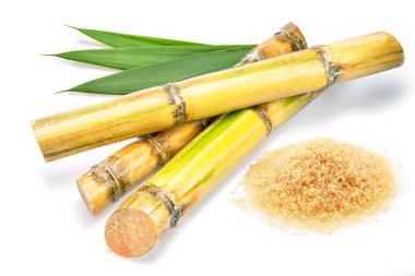 Şeker kamışı kesikleri ve beyaz arkaplanda izole edilmiş kahverengi şeker yığını.