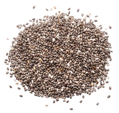 Beyaz arka plan üzerinde izole Chia tohum yığını. Üstten Görünüm.
