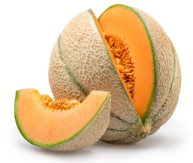 Kavun dilimli kavun beyaz arka planda izole edilmiş. Dosya kırpma yolu içeriyor.