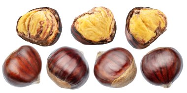 Beyaz arka planda çiğ kestane. Portekiz geleneksel sonbahar sokak yemekleri.