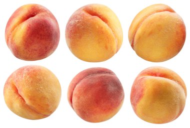 Beyaz arka planda olgun şeftali seti. Dosya kırpma yolları içeriyor.