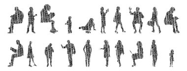 Vektör siluetleri, insanların ana hatları, Contour çizimleri, insanların siluetleri, ikon kümesi izole edilmiş, oturan insanların silueti, mimari set