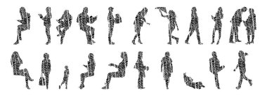 Vektör siluetleri, insanların ana hatları, Contour çizimleri, insanların siluetleri, ikon kümesi izole edilmiş, oturan insanların silueti, mimari set