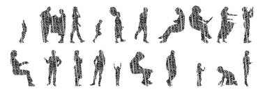 Vektör siluetleri, insanların ana hatları, Contour çizimleri, insanların siluetleri, ikon kümesi izole edilmiş, oturan insanların silueti, mimari set